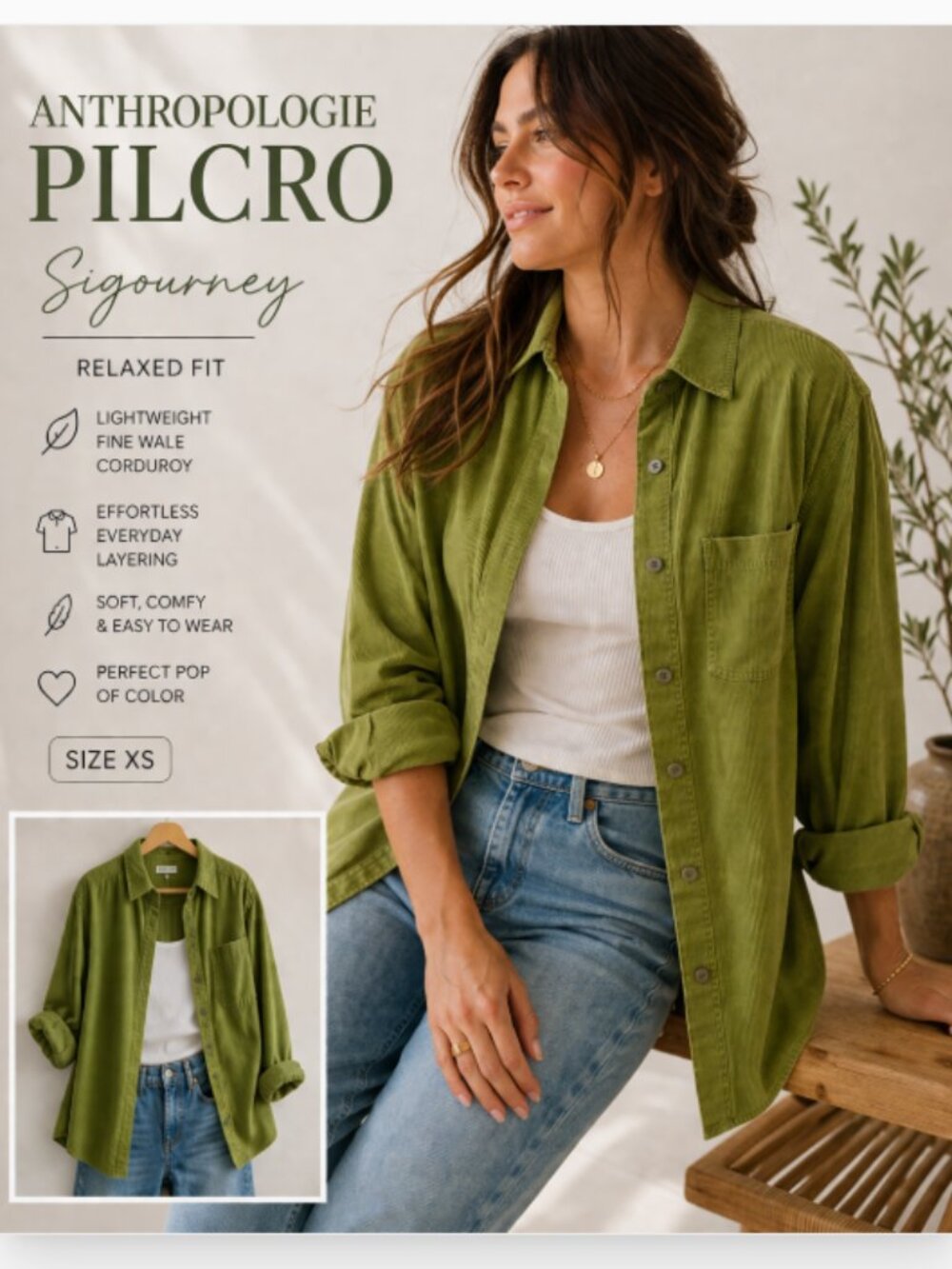 ANTHRO PILCRO CORDUROY SHIRT XS SIGOURNEY GREEN